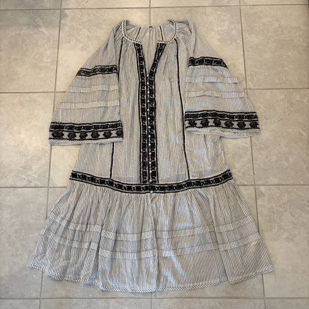 Free People Vagabond Embroidered Midi Ivory Black Large Striped Tunic Dress